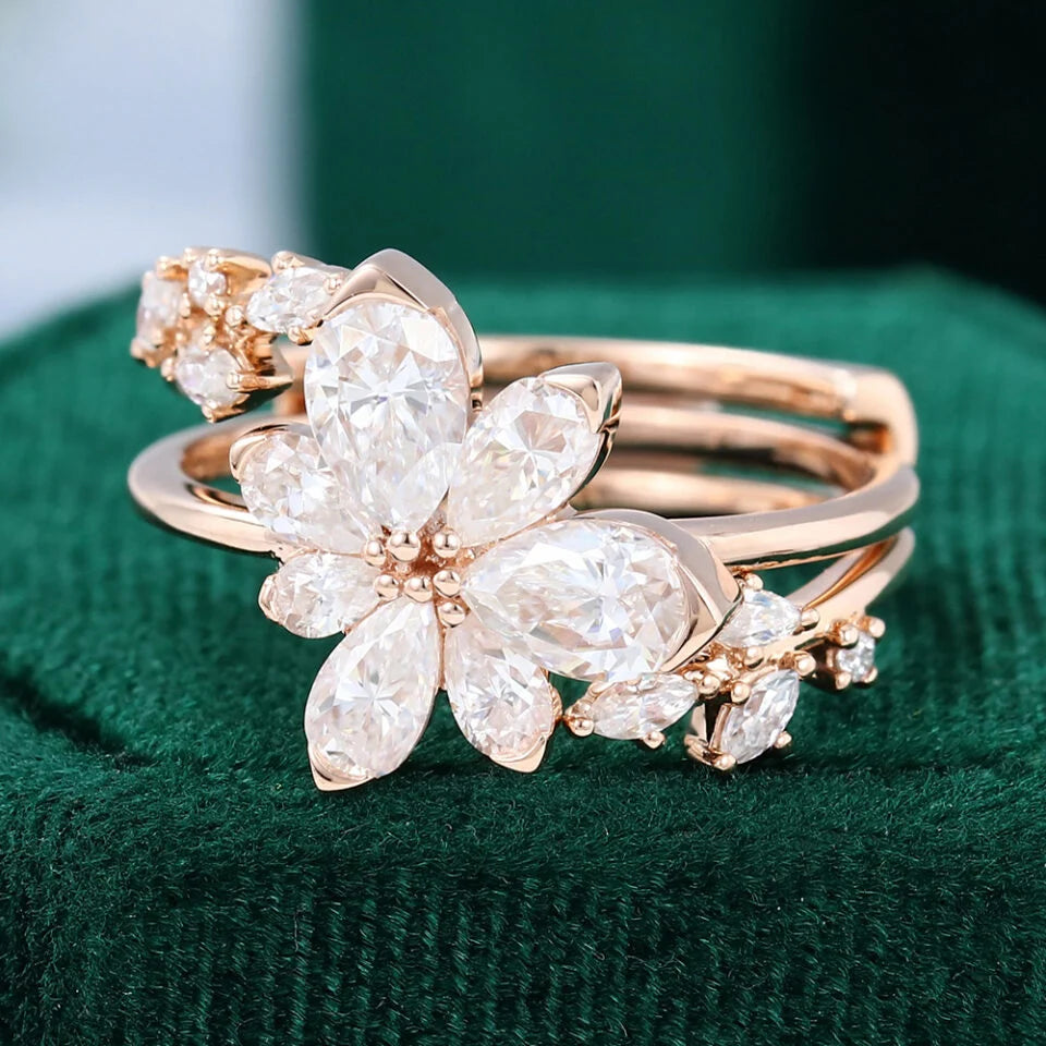 Pear Shaped Diamond Engagement Ring Set Nature Inspired Asymmetric Blossom Bridal Set Gold 18k