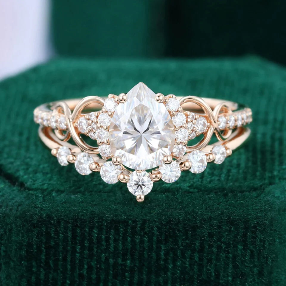 1.5 ct Pear Shaped Diamond Bridal Ring Set Infinity Wedding Set 18k Gold