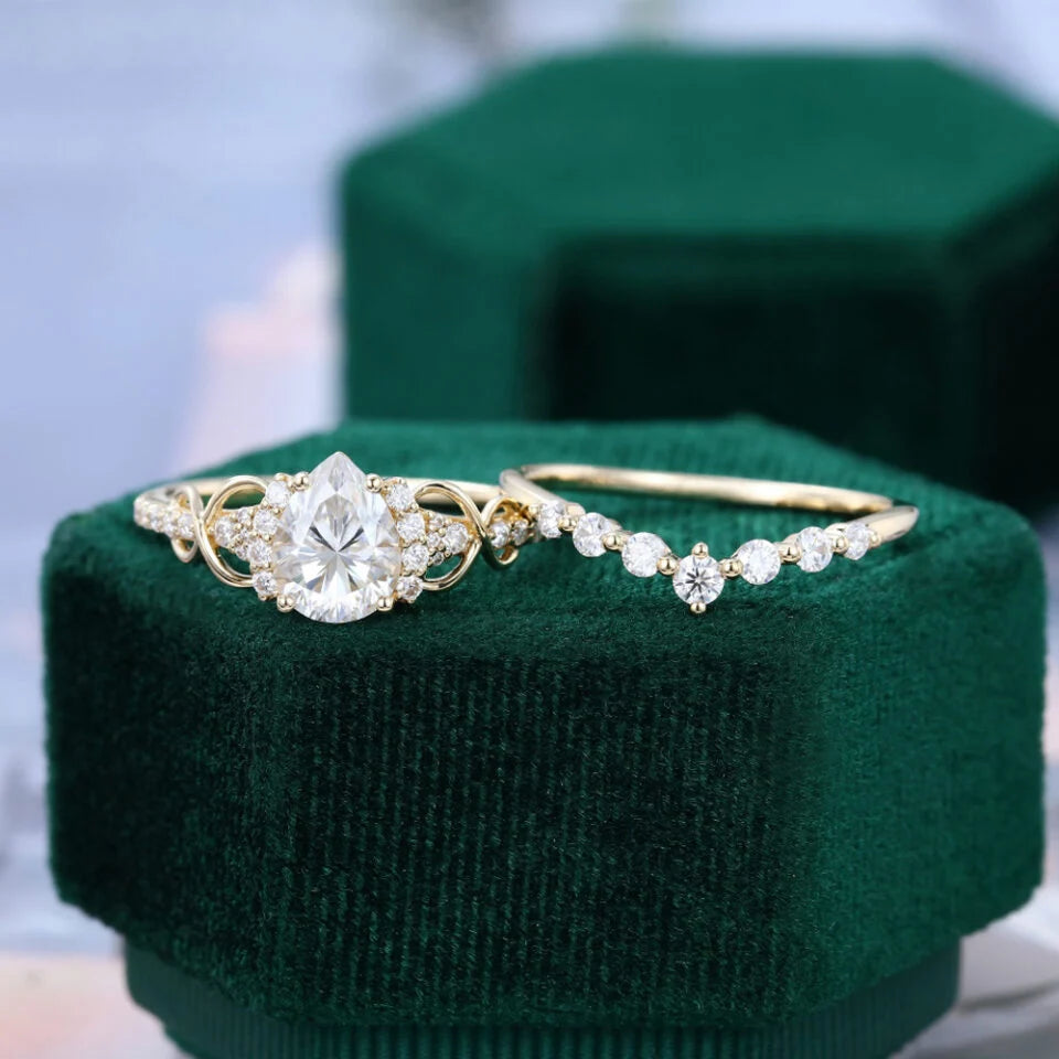 1.5 ct Pear Shaped Diamond Bridal Ring Set Infinity Wedding Set 18k Gold