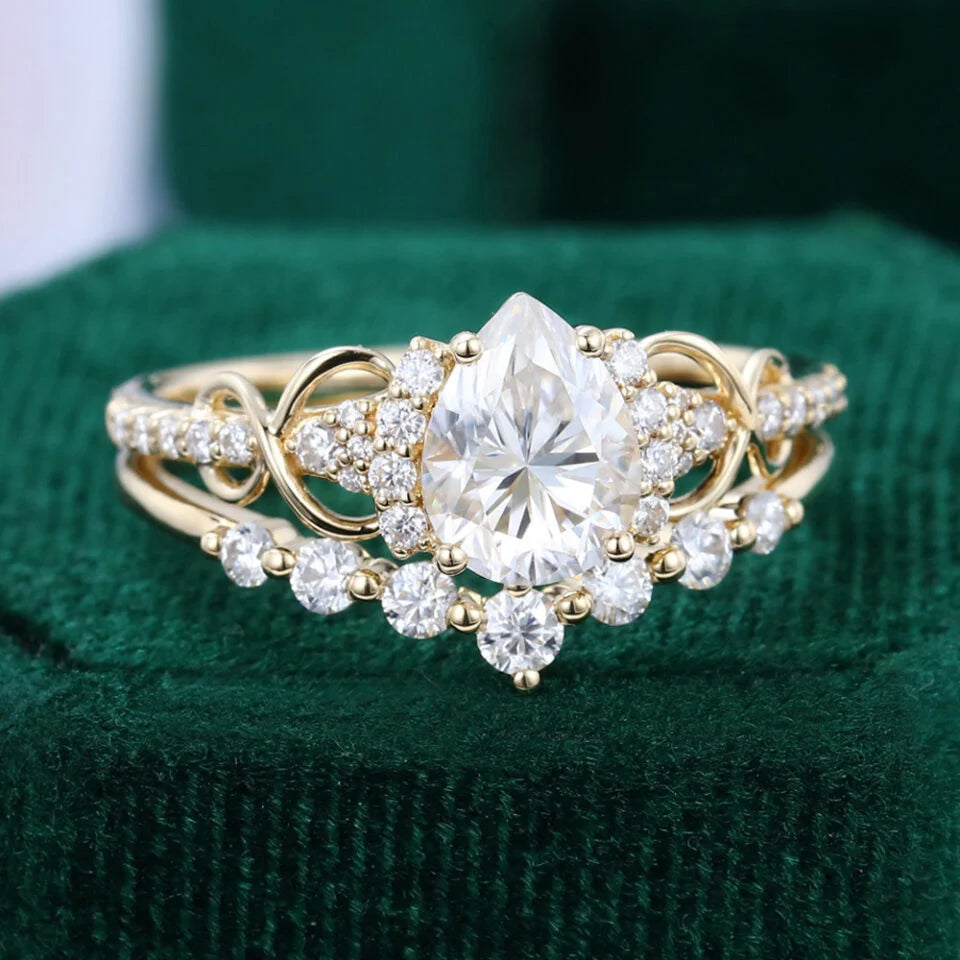 1.5 ct Pear Shaped Diamond Bridal Ring Set Infinity Wedding Set 18k Gold