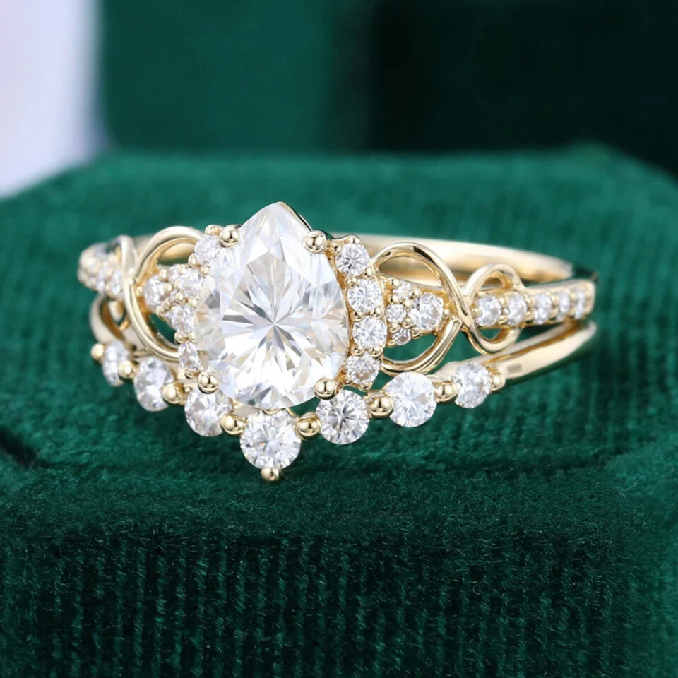 1.5 ct Pear Shaped Diamond Bridal Ring Set Infinity Wedding Set 18k Gold