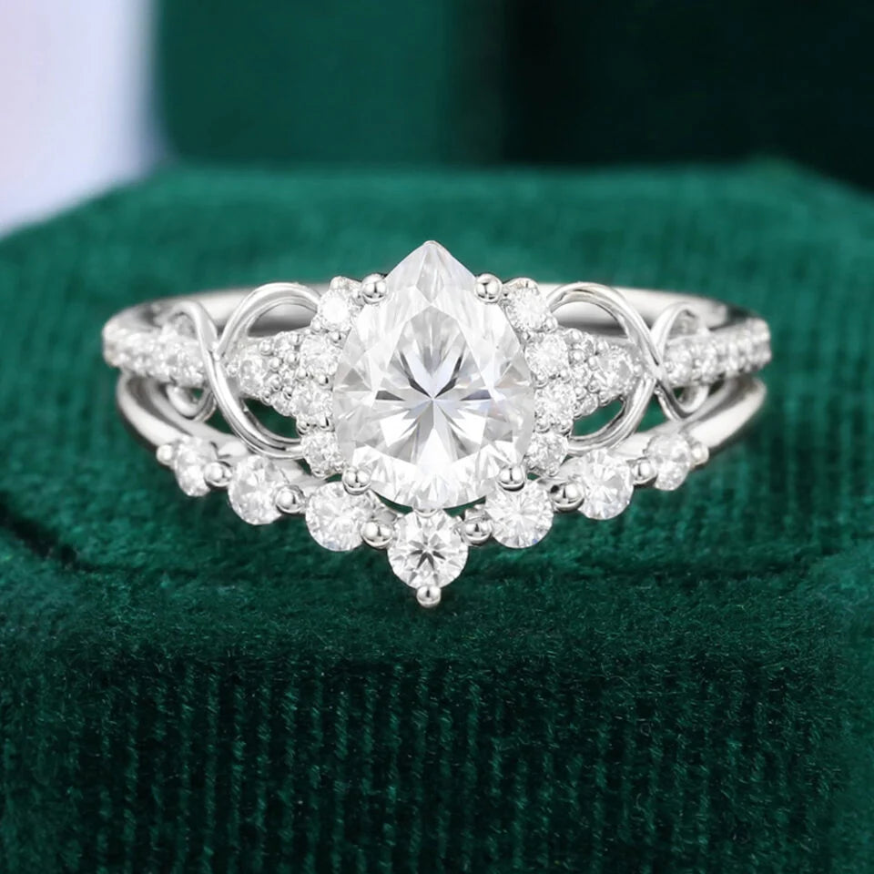 1.5 ct Pear Shaped Diamond Bridal Ring Set Infinity Wedding Set 18k Gold