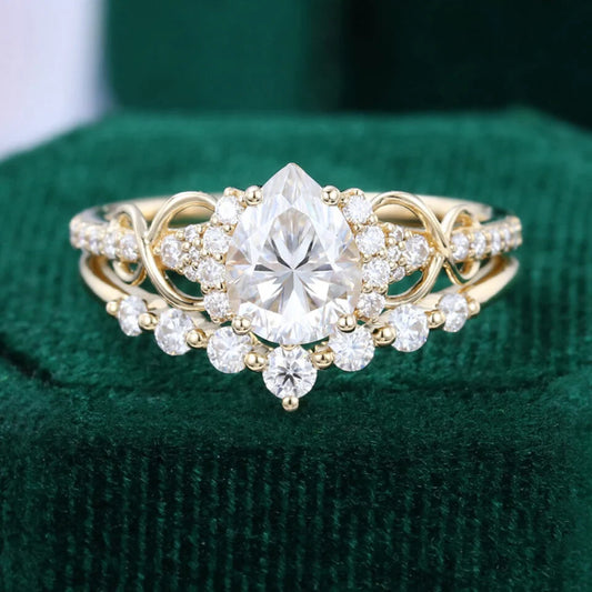 1.5 ct Pear Shaped Diamond Bridal Ring Set Infinity Wedding Set 18k Gold