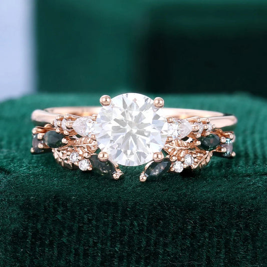 1.5 ct Round Cut Diamond 2PCS Nature Inspired Engagement Ring Set 18k Gold