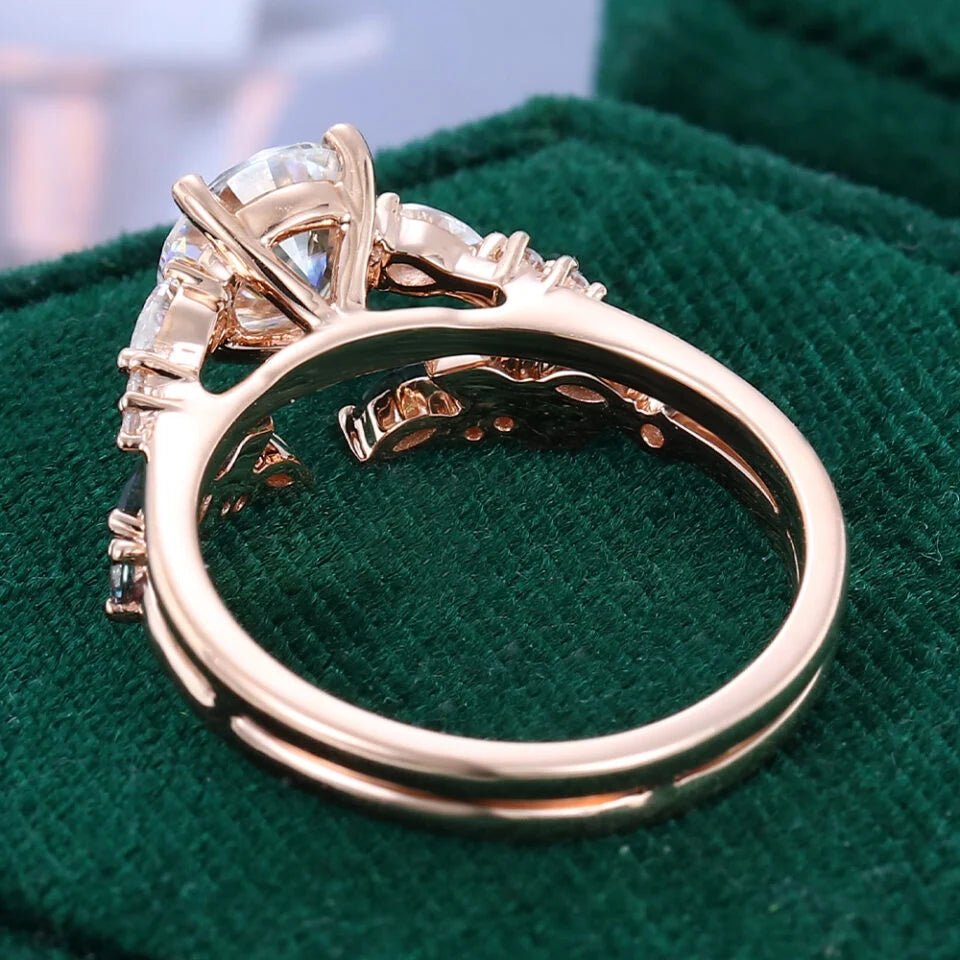 1.5 ct Round Cut Diamond 2PCS Nature Inspired Engagement Ring Set 18k Gold