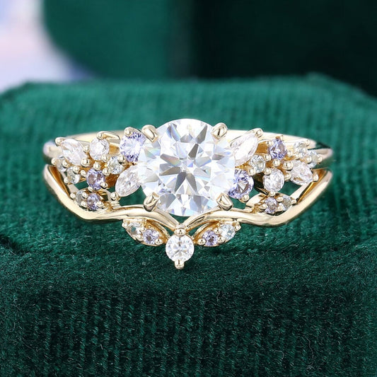 1 ct Round Cut Diamond Unique Cluster Bridal Ring Set 18k Gold