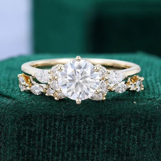 1.5 ct Round Cut Diamond Engagement Ring Set 18k Gold Unique Bridal Set