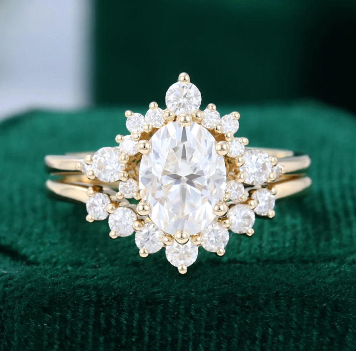1.5 ct Yellow Gold Oval Diamond Cluster Engagement Ring Set 18k Gold