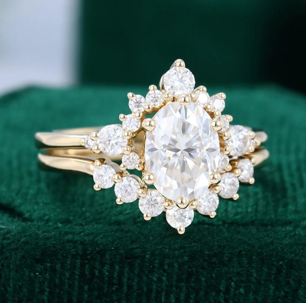 1.5 ct Yellow Gold Oval Diamond Cluster Engagement Ring Set 18k Gold