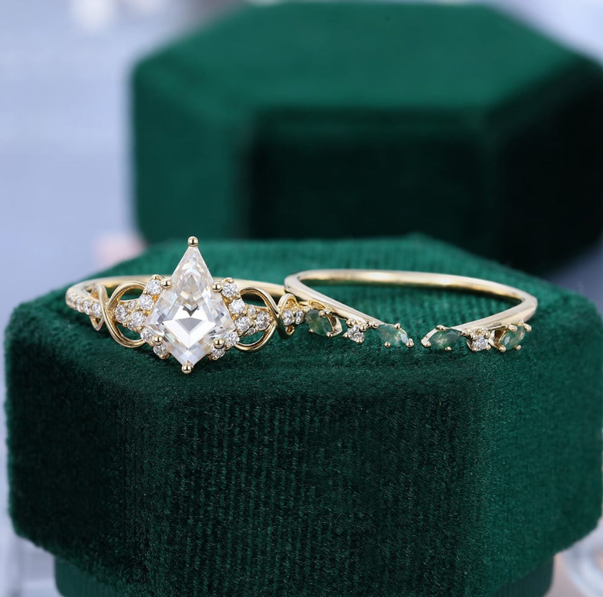 1.5 ct Unique Kite Cut Diamond Engagement Ring Set 18K Gold Infinity Moss Agate Accented Bridal Set 18k Gold