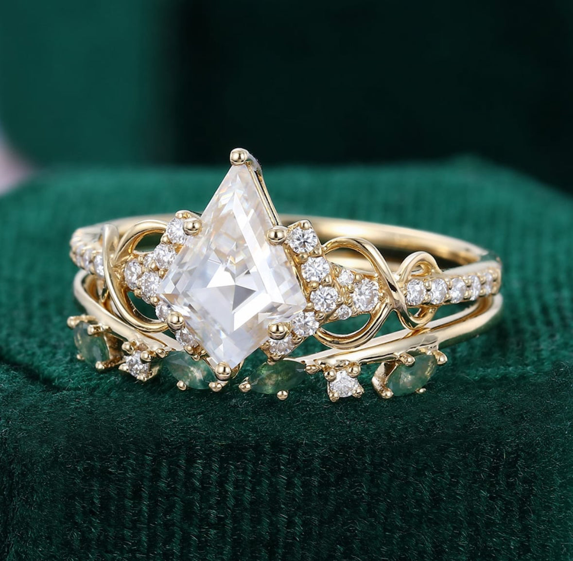 1.5 ct Unique Kite Cut Diamond Engagement Ring Set 18K Gold Infinity Moss Agate Accented Bridal Set 18k Gold