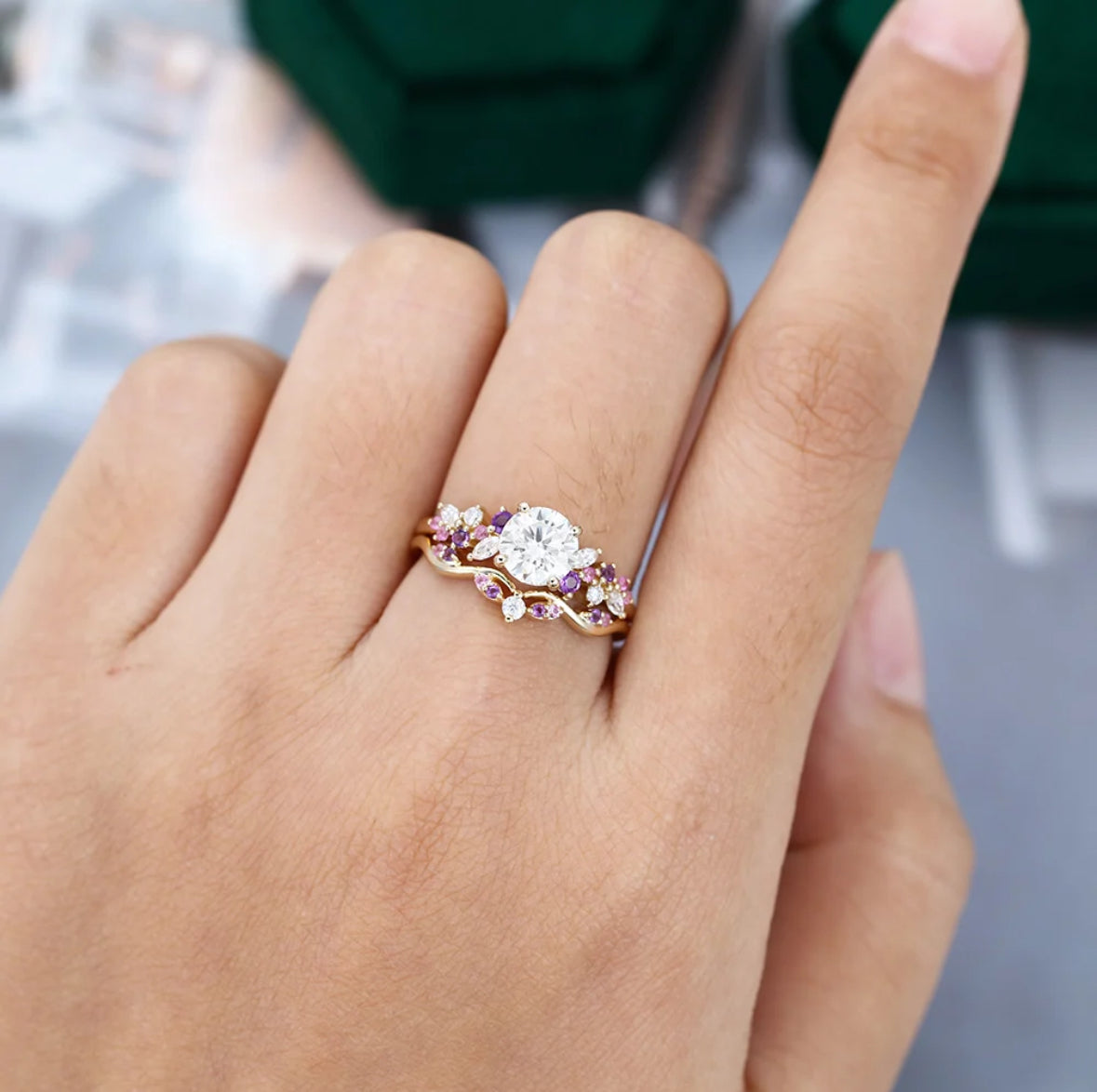 1.5 ct Heather Hues Engagement Ring Set Diamond Promise Ring Set 18k Gold For Her