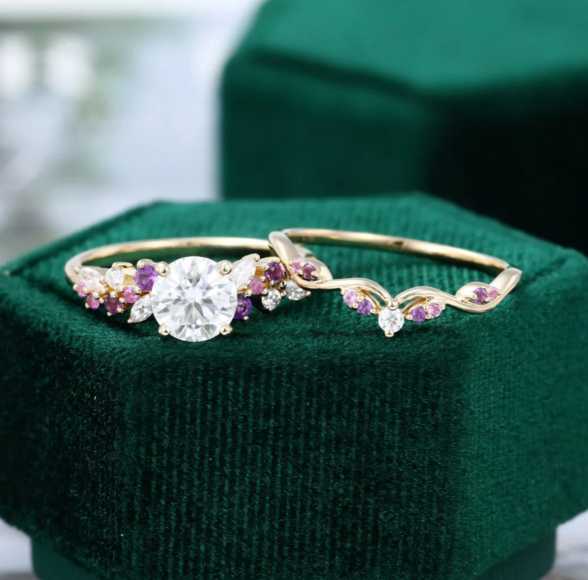 1.5 ct Heather Hues Engagement Ring Set Diamond Promise Ring Set 18k Gold For Her