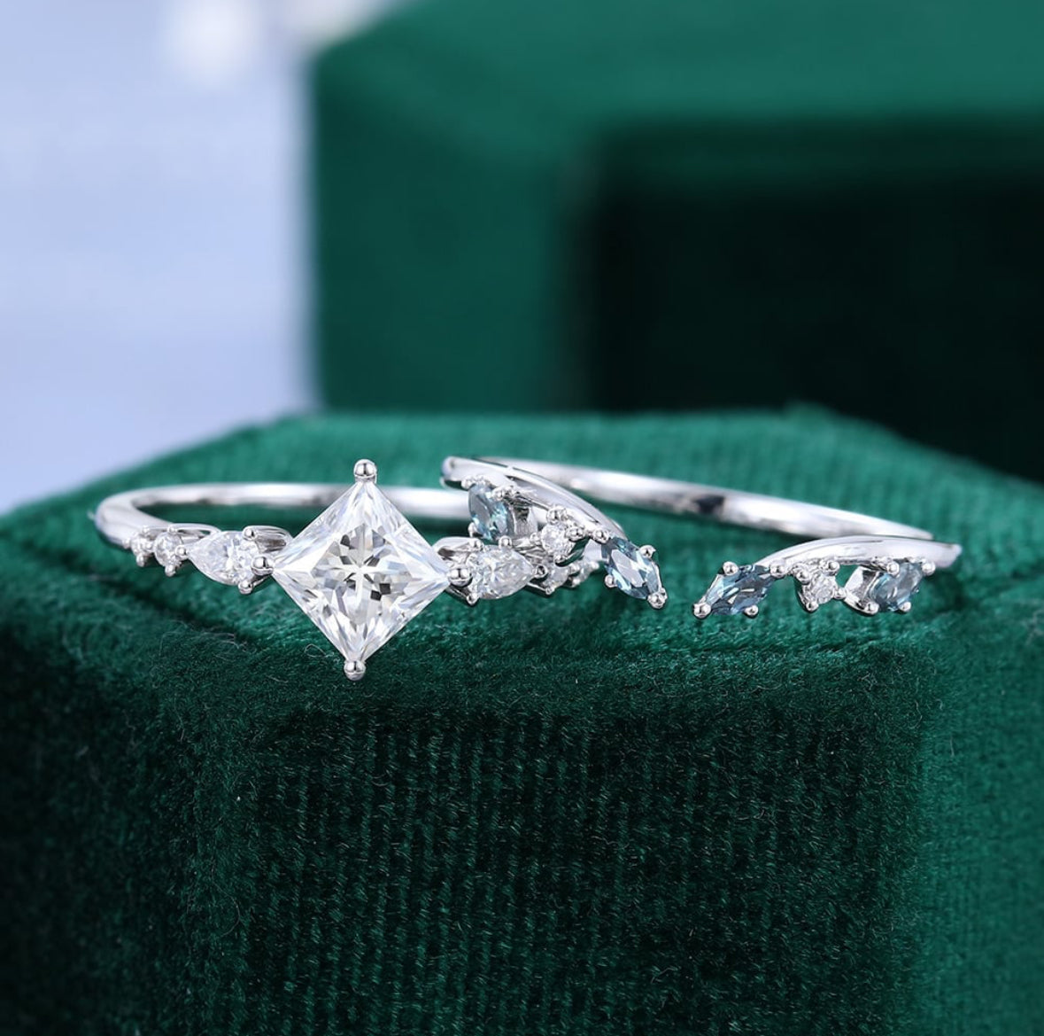 1.5 ct Princess Cut Diamond Engagement Ring Lab Alexandrite Accented Bridal Set 18k Gold