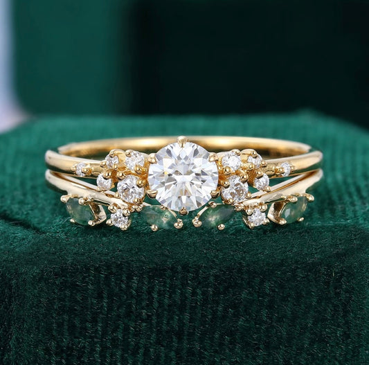 1.5 ct Round Shaped Diamond Cluster Engagement Ring Set Moss Agate Accented Bridal Set 18k Gold