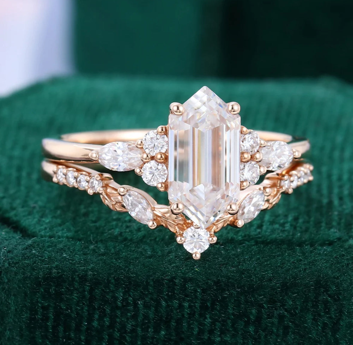 1.5 ct Long Hexagon Cut Diamond Nature Themed Wedding Ring Set 18k Gold