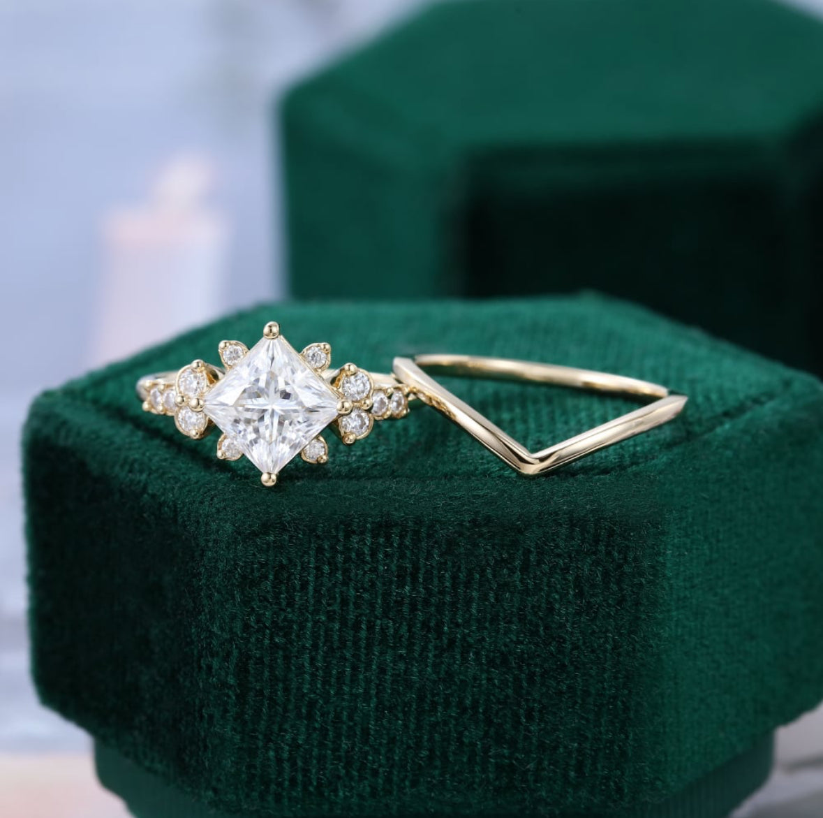 1.5 ct Princess Cut Diamond Bridal Ring Set 18k Gold With Side Stone