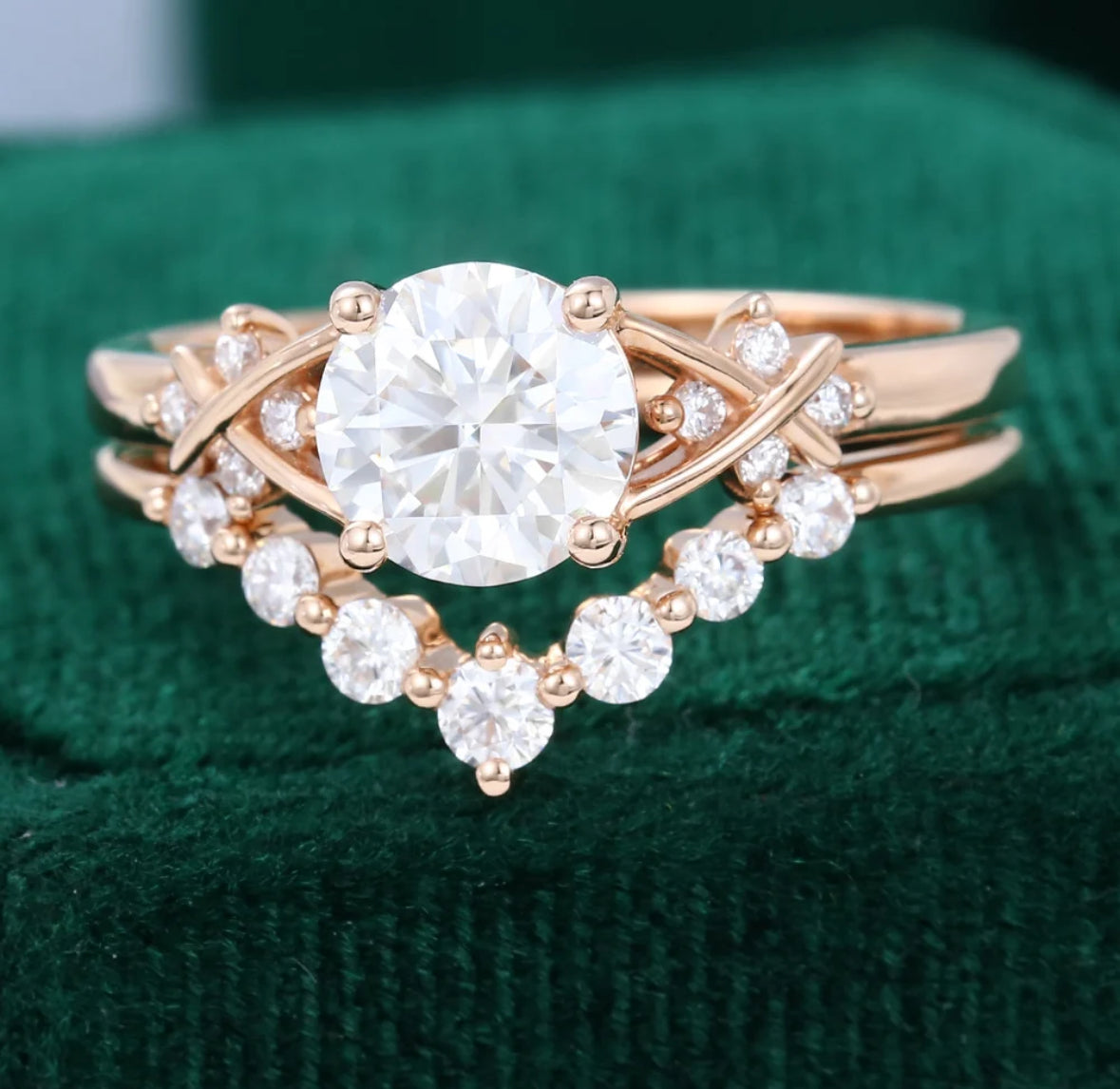 1ct Round Cut Criss Cross Diamond Accented Bridal Ring Set 18k Gold