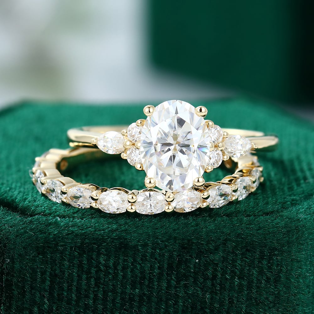 1.5 ct Oval Cut Diamond Matching Ring Set 18k Gold With 3/4 Eternity Wedding Band