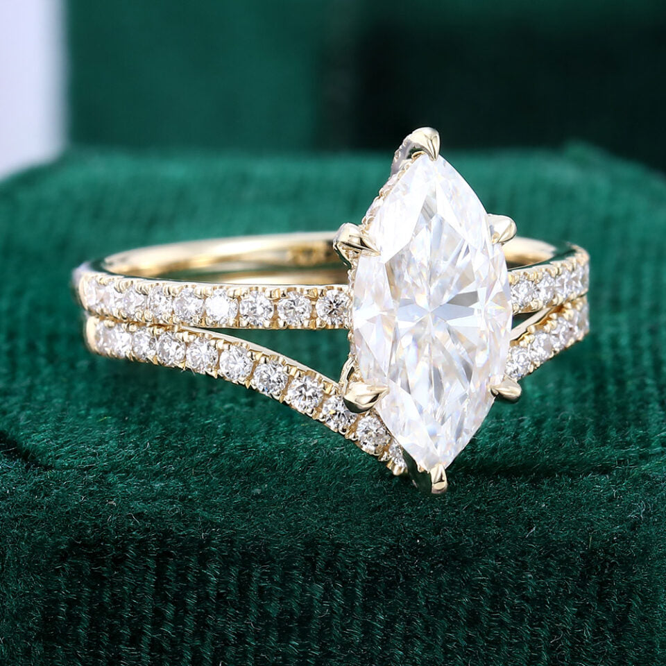 1.5 ct Marquise Cut Diamond Hidden Halo Engagement Ring With Half Eternity Pavé Band Bridal Ring Set 18k Gold
