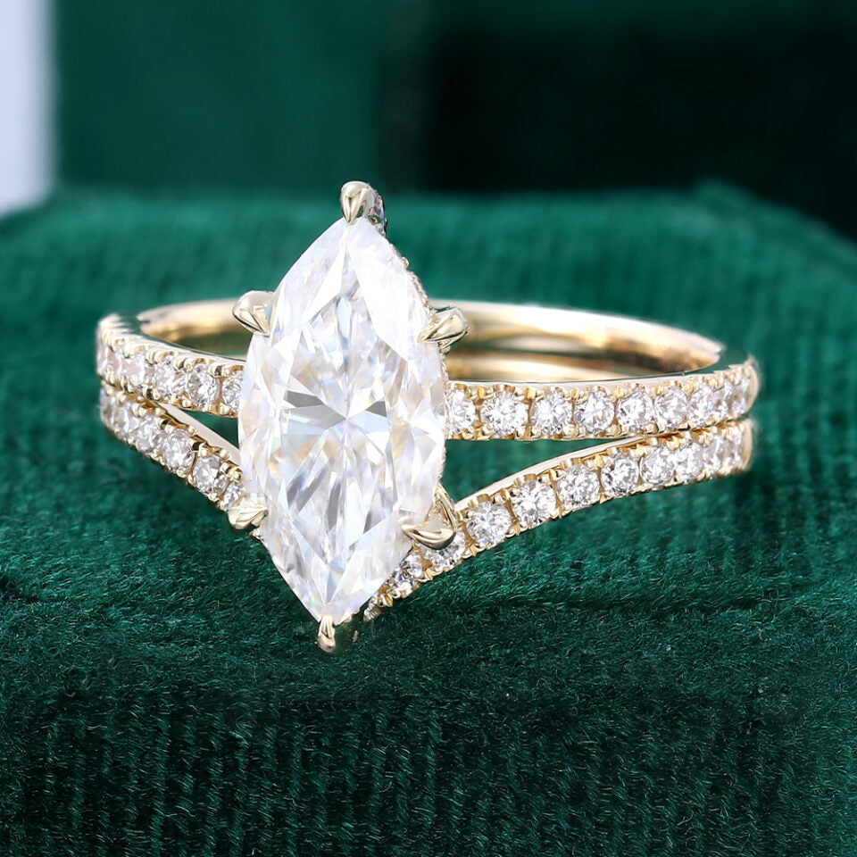 1.5 ct Marquise Cut Diamond Hidden Halo Engagement Ring With Half Eternity Pavé Band Bridal Ring Set 18k Gold