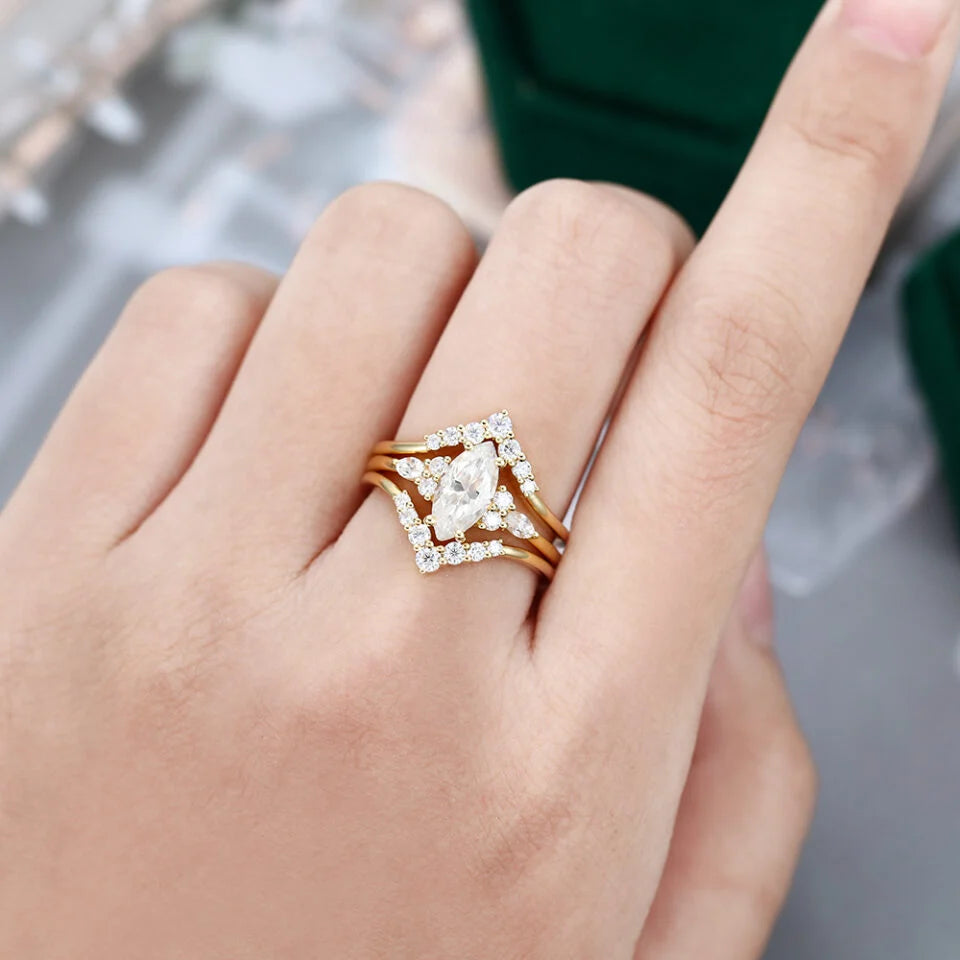 1.5 ct Marquise Cut Diamond Wedding Ring Set 3PCS Cluster Matching Ring Set 18k Gold