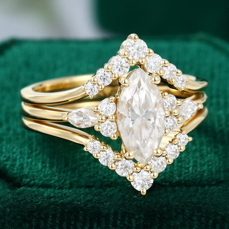 1.5 ct Marquise Cut Diamond Wedding Ring Set 3PCS Cluster Matching Ring Set 18k Gold