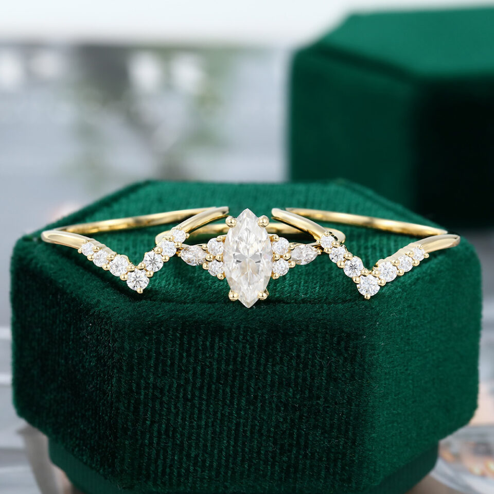 1.5 ct Marquise Cut Diamond Wedding Ring Set 3PCS Cluster Matching Ring Set 18k Gold