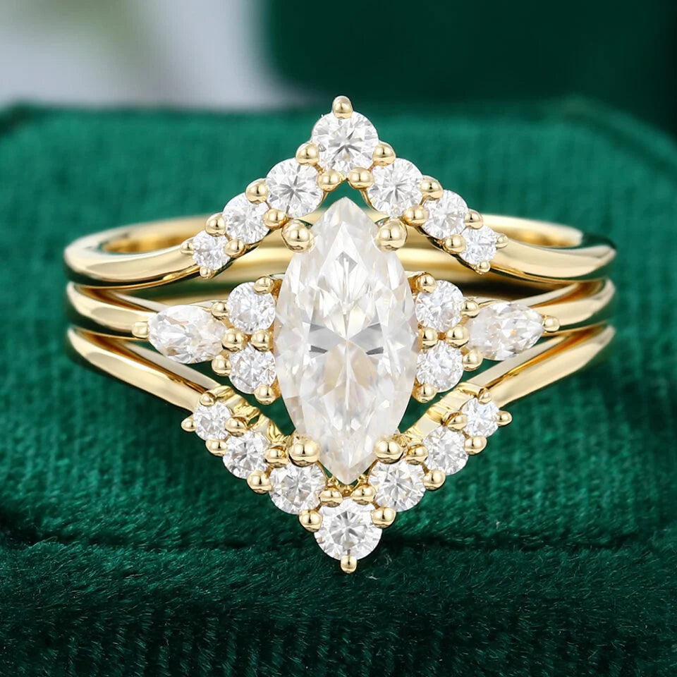 1.5 ct Marquise Cut Diamond Wedding Ring Set 3PCS Cluster Matching Ring Set 18k Gold