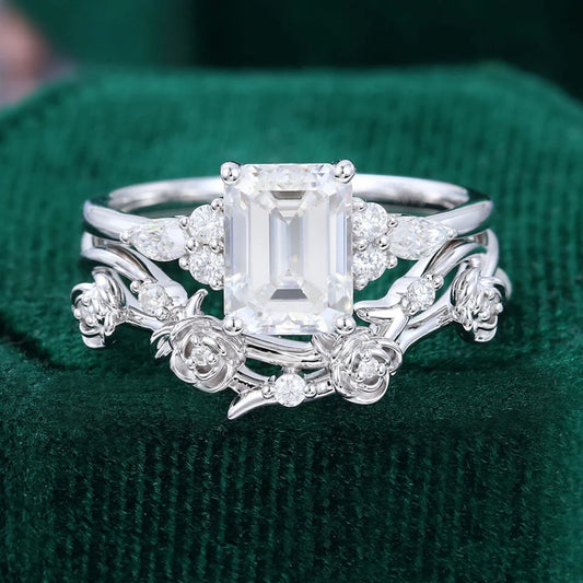 1.5 ct Nature Inspired Budding Rose Ring Set Emerald Cut Diamond Engagement Ring Set 18k Gold