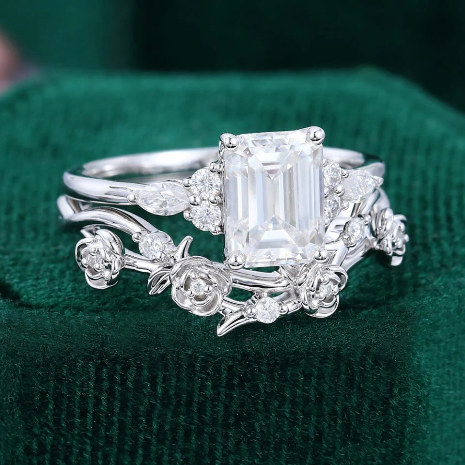 1.5 ct Nature Inspired Budding Rose Ring Set Emerald Cut Diamond Engagement Ring Set 18k Gold