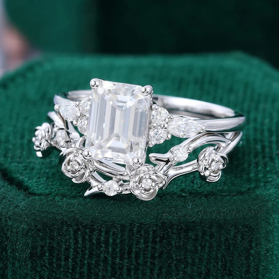 1.5 ct Nature Inspired Budding Rose Ring Set Emerald Cut Diamond Engagement Ring Set 18k Gold