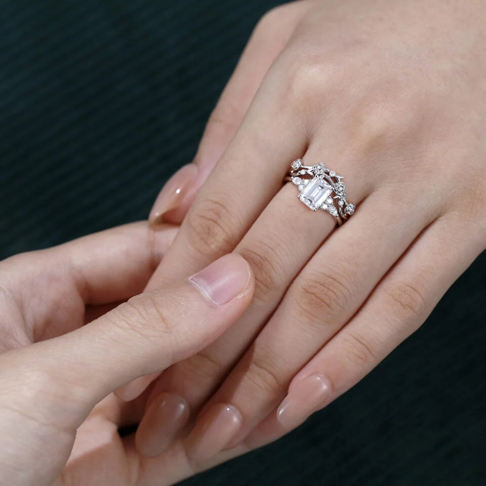 1.5 ct Nature Inspired Budding Rose Ring Set Emerald Cut Diamond Engagement Ring Set 18k Gold