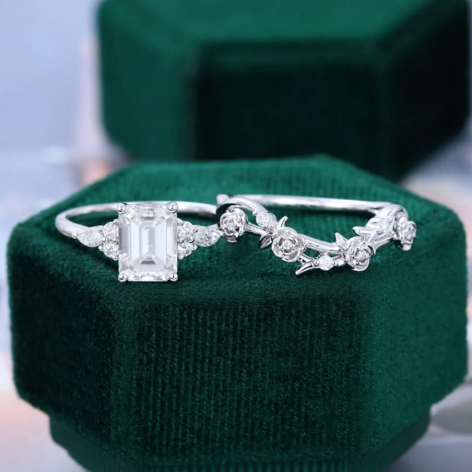 1.5 ct Nature Inspired Budding Rose Ring Set Emerald Cut Diamond Engagement Ring Set 18k Gold
