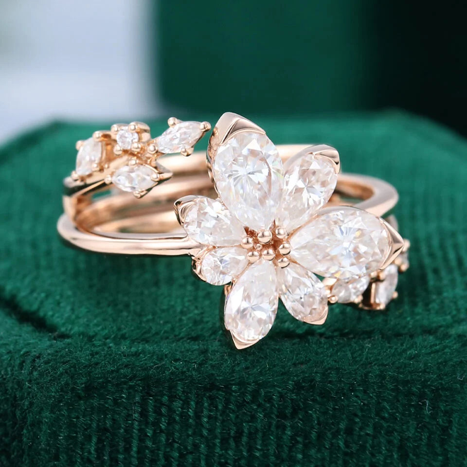 Pear Shaped Diamond Engagement Ring Set Nature Inspired Asymmetric Blossom Bridal Set Gold 18k