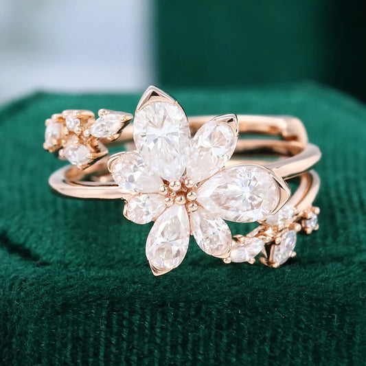 Pear Shaped Diamond Engagement Ring Set Nature Inspired Asymmetric Blossom Bridal Set Gold 18k