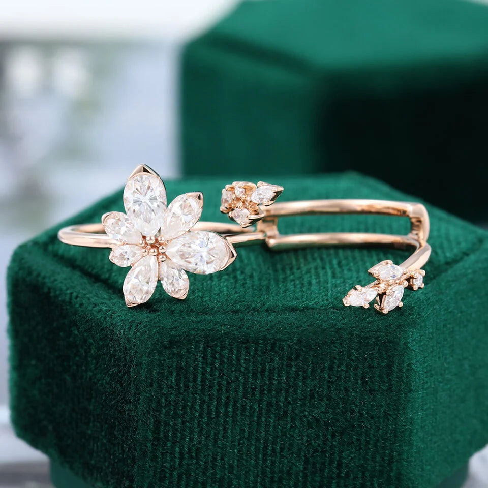 Pear Shaped Diamond Engagement Ring Set Nature Inspired Asymmetric Blossom Bridal Set Gold 18k