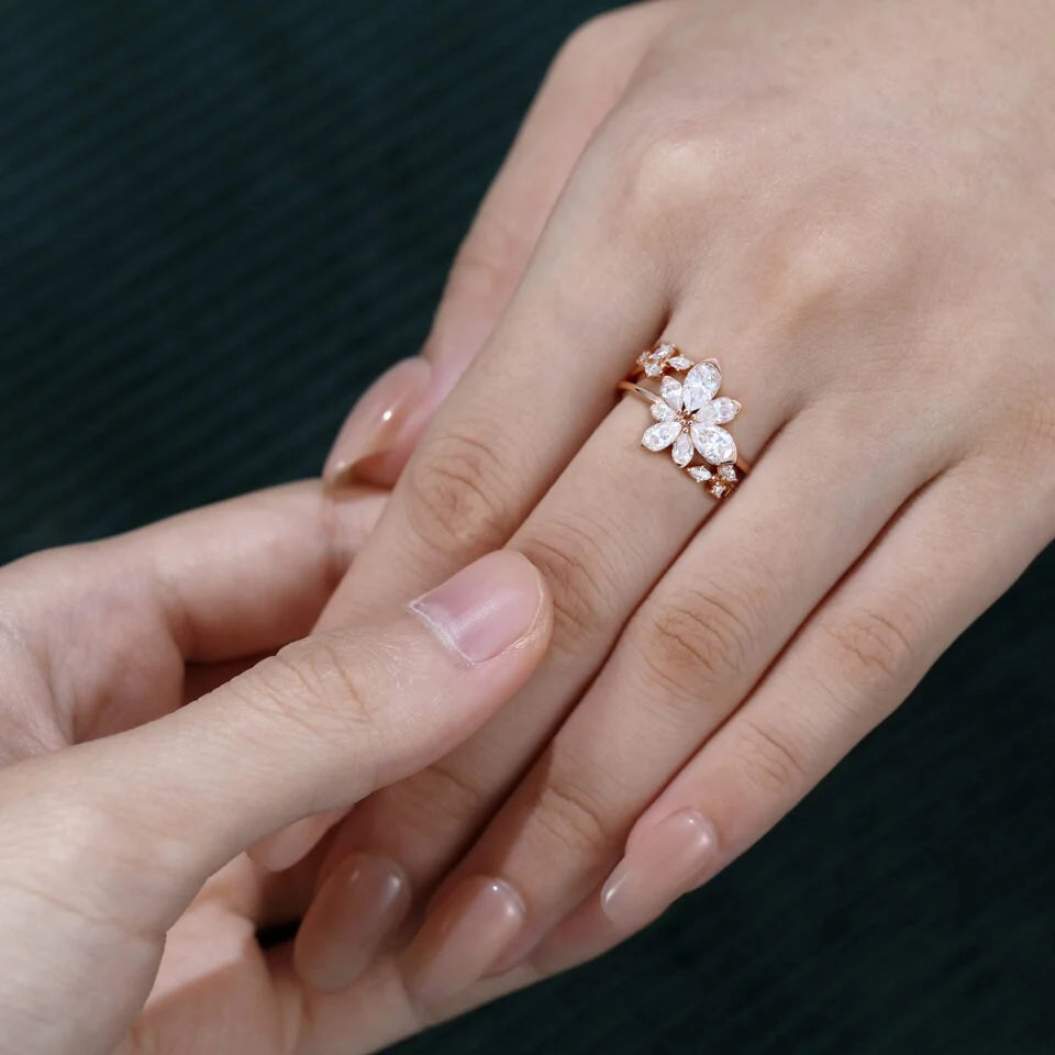 Pear Shaped Diamond Engagement Ring Set Nature Inspired Asymmetric Blossom Bridal Set Gold 18k