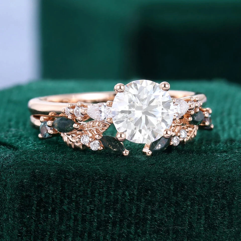1.5 ct Round Cut Diamond 2PCS Nature Inspired Engagement Ring Set 18k Gold