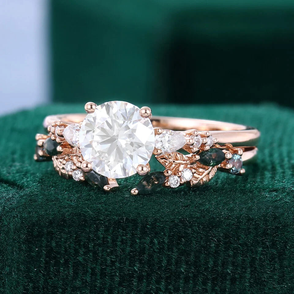 1.5 ct Round Cut Diamond 2PCS Nature Inspired Engagement Ring Set 18k Gold