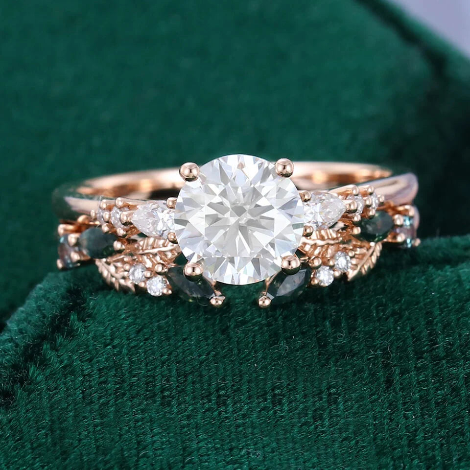 1.5 ct Round Cut Diamond 2PCS Nature Inspired Engagement Ring Set 18k Gold